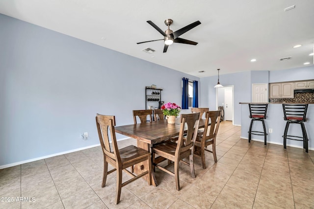 dining area featuring a ceiling fan, light tile patterned floors, baseboards, and recessed lighting
