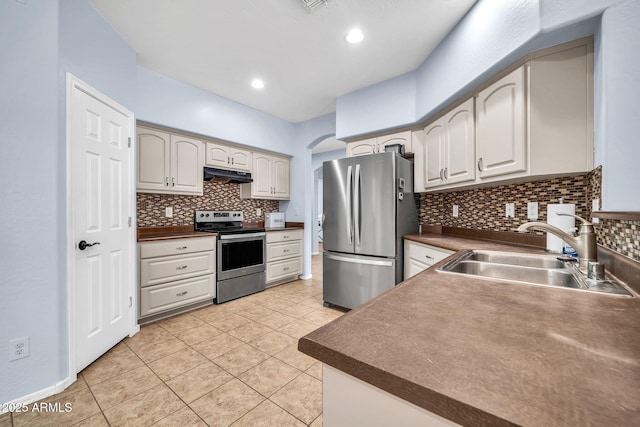 kitchen featuring stainless steel appliances, a sink, under cabinet range hood, dark countertops, and tasteful backsplash