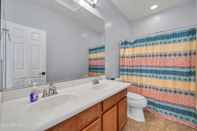 bathroom featuring tile patterned flooring, toilet, double vanity, and a shower with curtain