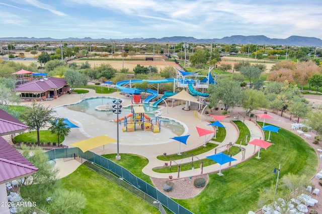 bird's eye view of a mountainous background and a park