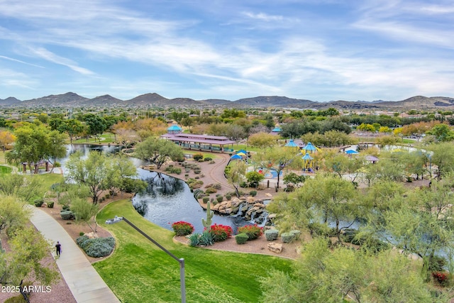 bird's eye view of a water and mountain view