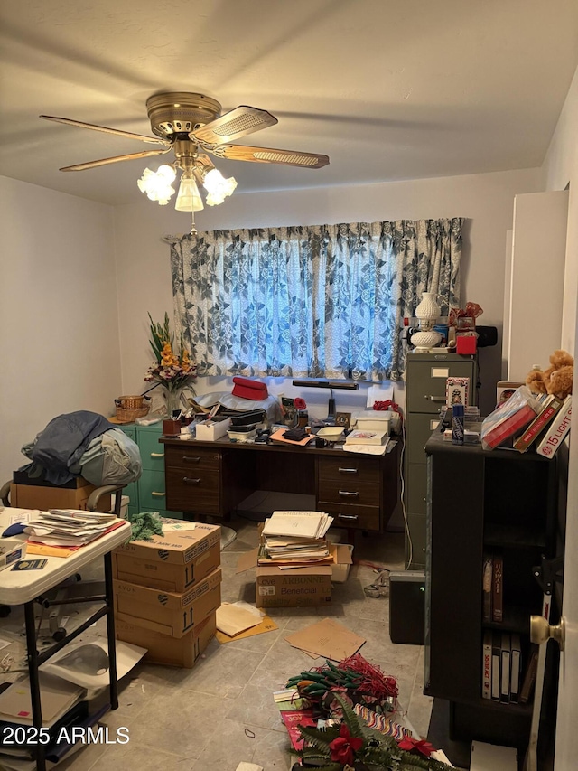 office space featuring a ceiling fan and light tile patterned floors