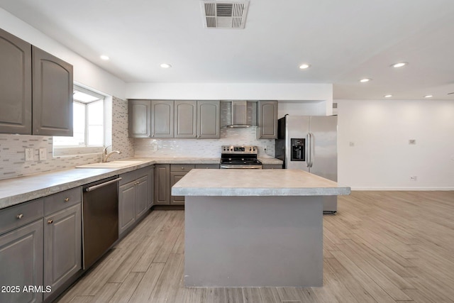 kitchen with a center island, wall chimney range hood, sink, gray cabinets, and appliances with stainless steel finishes