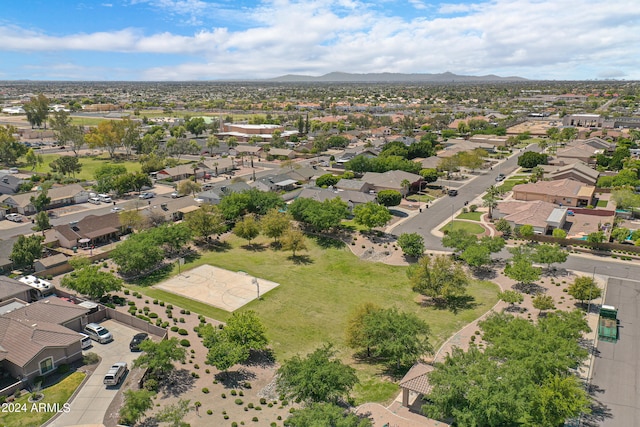 drone / aerial view featuring a mountain view