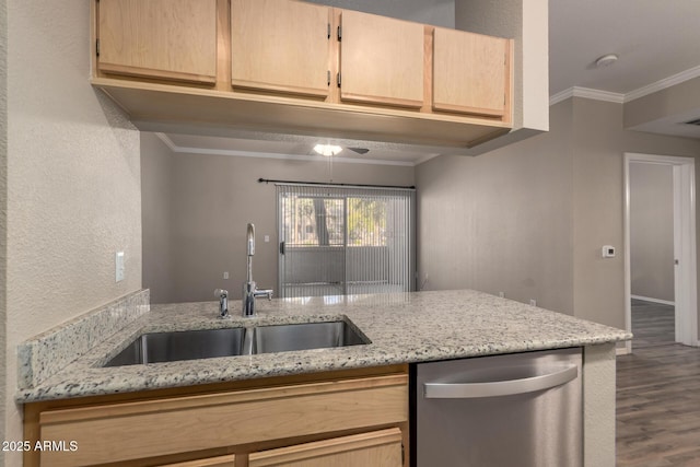 kitchen featuring light stone counters, ornamental molding, light brown cabinets, a sink, and dishwasher