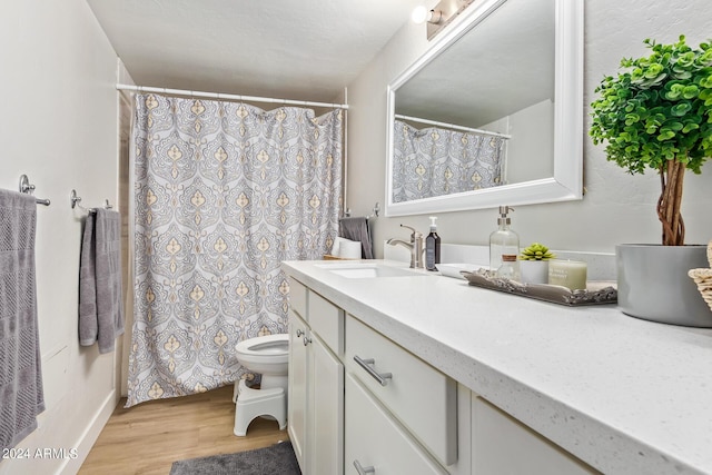 bathroom with hardwood / wood-style flooring, toilet, and vanity