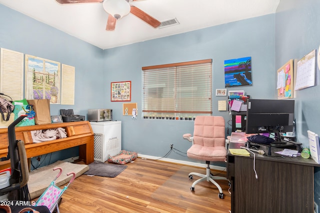 office space featuring ceiling fan and hardwood / wood-style flooring