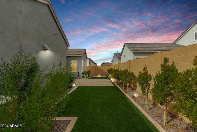 yard at dusk featuring a patio