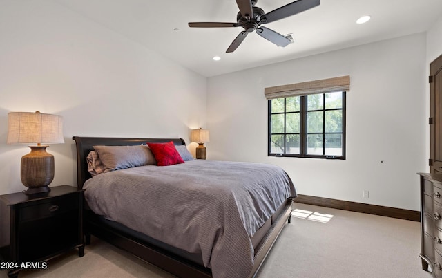 carpeted bedroom featuring ceiling fan, recessed lighting, and baseboards