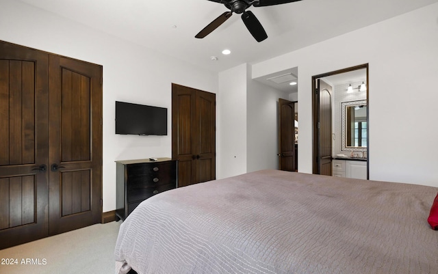 bedroom featuring ensuite bath, a ceiling fan, and recessed lighting