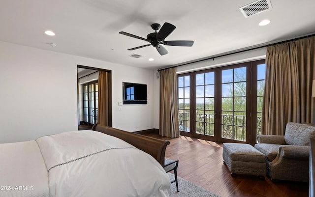 bedroom with french doors, wood finished floors, visible vents, and recessed lighting