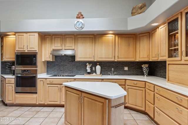 kitchen with exhaust hood, black electric stovetop, built in microwave, stainless steel oven, and light tile patterned flooring