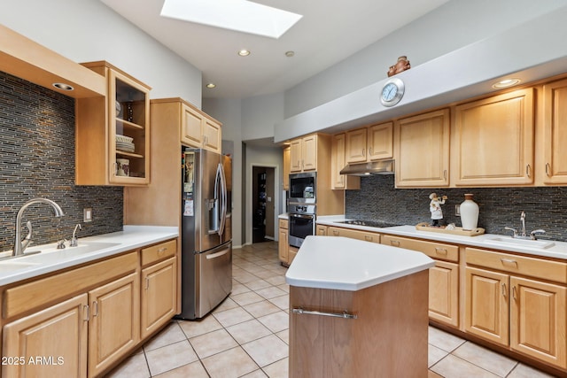 kitchen featuring under cabinet range hood, a skylight, stainless steel appliances, and a sink