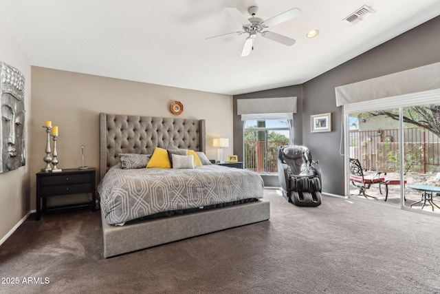 bedroom with visible vents, baseboards, vaulted ceiling, access to exterior, and carpet