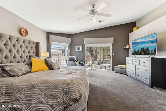 bedroom with lofted ceiling, carpet floors, a ceiling fan, visible vents, and access to exterior