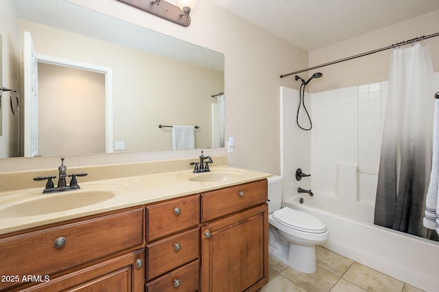 bathroom with toilet, tile patterned floors, a sink, and shower / bath combo