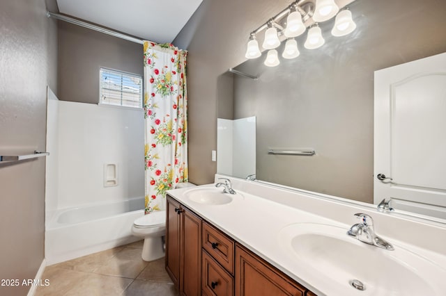 8417 W Northview Ave, Glendale, AZ 85305 - full bathroom featuring shower / bath combo, toilet, double vanity, tile patterned flooring, and a chandelier
