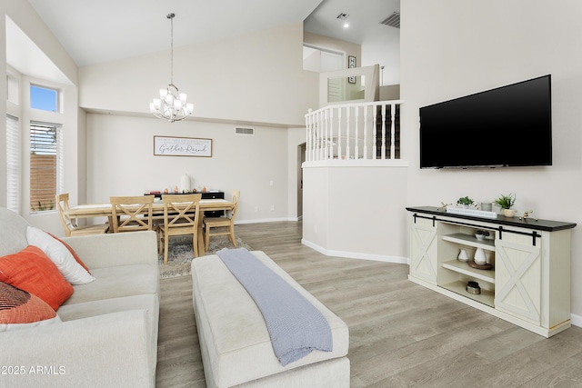 3126 W Stephens Pl, Chandler, AZ 85226 - living room with light wood-type flooring, a chandelier, baseboards, and high vaulted ceiling