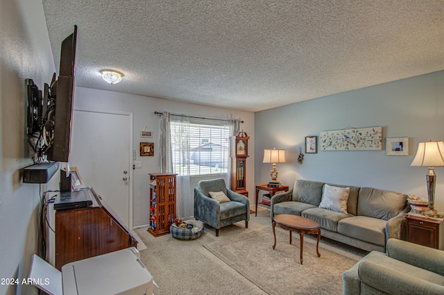 carpeted living room featuring a textured ceiling