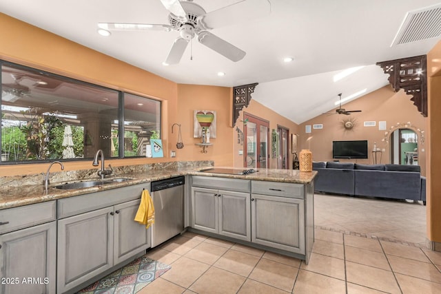 kitchen with visible vents, dishwasher, gray cabinets, a peninsula, and a sink