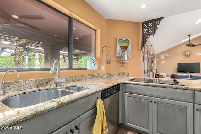 kitchen with gray cabinets, a sink, black electric stovetop, dishwasher, and light stone countertops