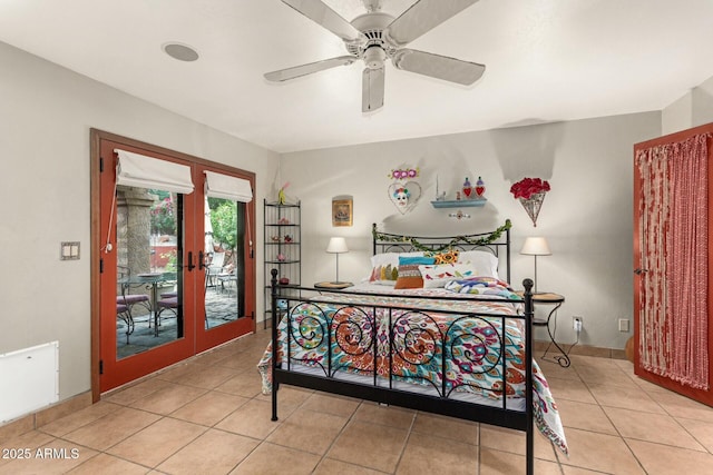 bedroom featuring light tile patterned floors, french doors, access to exterior, and a ceiling fan