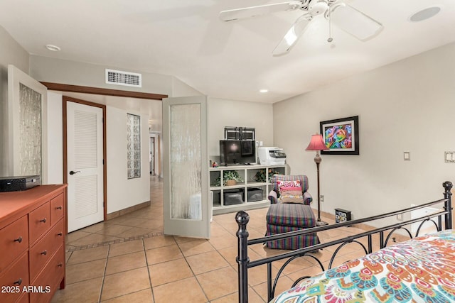 bedroom with light tile patterned flooring, recessed lighting, visible vents, and ceiling fan