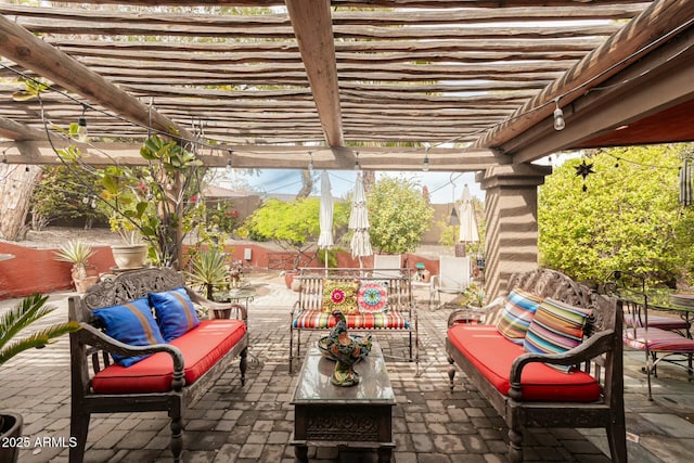 view of patio featuring an outdoor hangout area, a pergola, and outdoor dining area