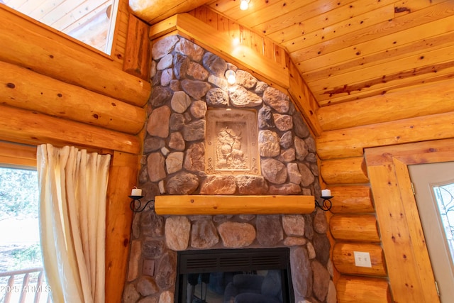 6168 W Hidden Pines Loop, Pine, AZ 85544 - detailed view of a fireplace, rustic walls, and wood ceiling
