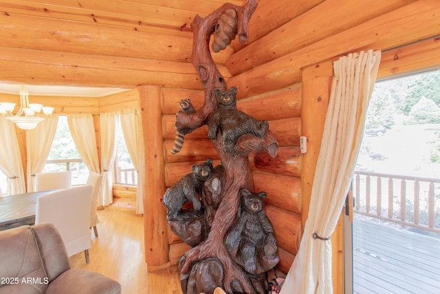 6168 W Hidden Pines Loop, Pine, AZ 85544 - living room featuring a chandelier, light wood-style flooring, and rustic walls