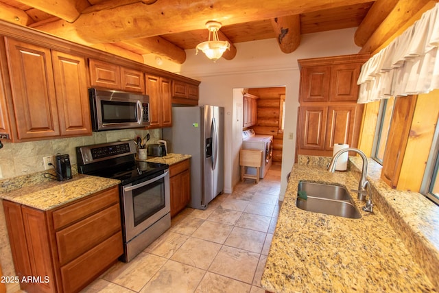 6168 W Hidden Pines Loop, Pine, AZ 85544 - kitchen featuring appliances with stainless steel finishes, a sink, washer / dryer, backsplash, and wooden ceiling with exposed beams
