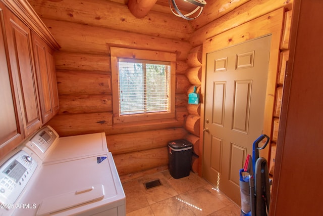 6168 W Hidden Pines Loop, Pine, AZ 85544 - laundry room with washer and clothes dryer, rustic walls, and cabinet space