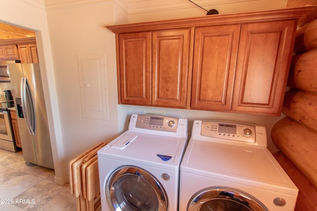 6168 W Hidden Pines Loop, Pine, AZ 85544 - laundry area with washer and dryer, electric panel, and light tile patterned flooring