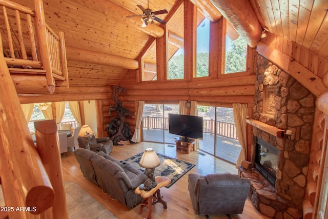 6168 W Hidden Pines Loop, Pine, AZ 85544 - living area with wooden ceiling with exposed beams, plenty of natural light, log walls, a fireplace, and high vaulted ceiling