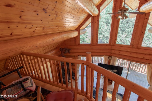 6168 W Hidden Pines Loop, Pine, AZ 85544 - staircase with plenty of natural light, rustic walls, a ceiling fan, wood ceiling, and high vaulted ceiling