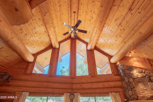6168 W Hidden Pines Loop, Pine, AZ 85544 - detailed view of wood ceiling with exposed beams, rustic walls, and a ceiling fan