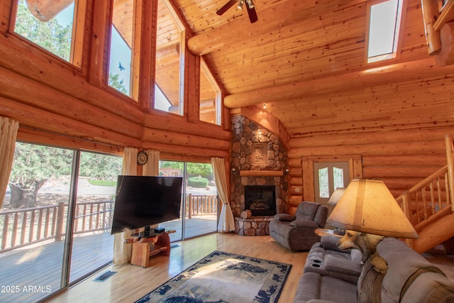 6168 W Hidden Pines Loop, Pine, AZ 85544 - living room with high vaulted ceiling, ceiling fan, a stone fireplace, wood finished floors, and log walls