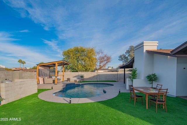 view of swimming pool featuring a patio area, a lawn, and a pergola