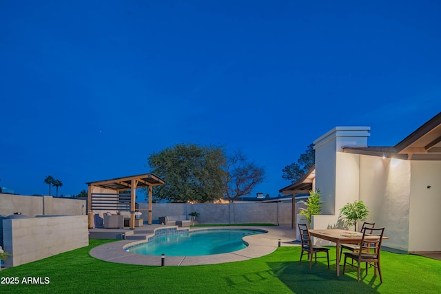 view of pool with an outdoor living space, a lawn, and a patio