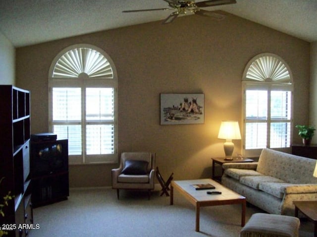 living room with plenty of natural light and lofted ceiling