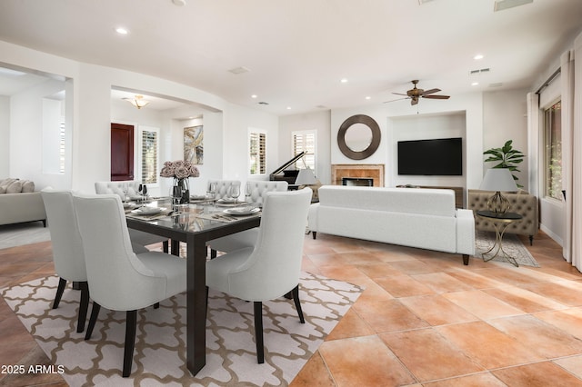 dining room with recessed lighting, ceiling fan, and a wealth of natural light