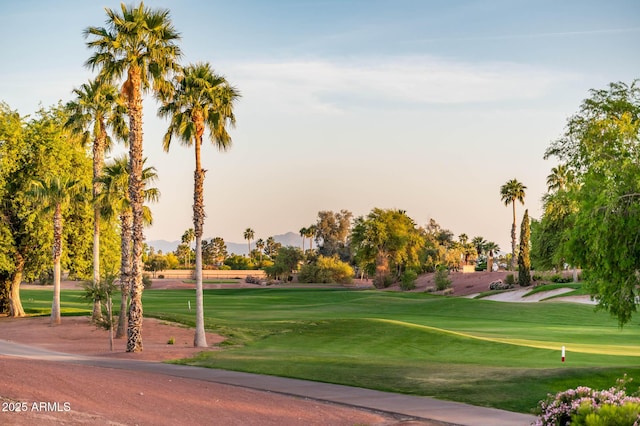 view of property's community with a lawn, view of golf course, and a mountain view
