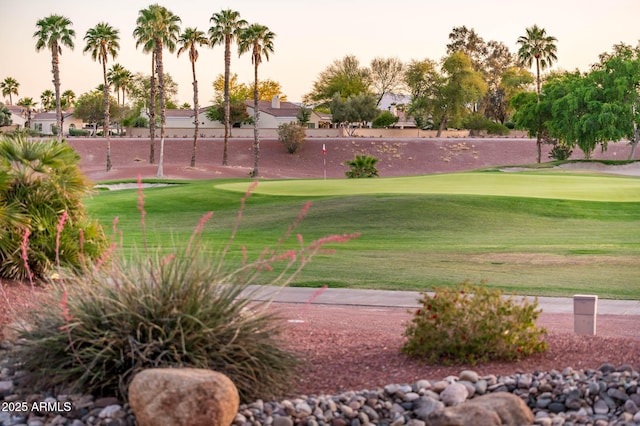view of community featuring a yard and golf course view