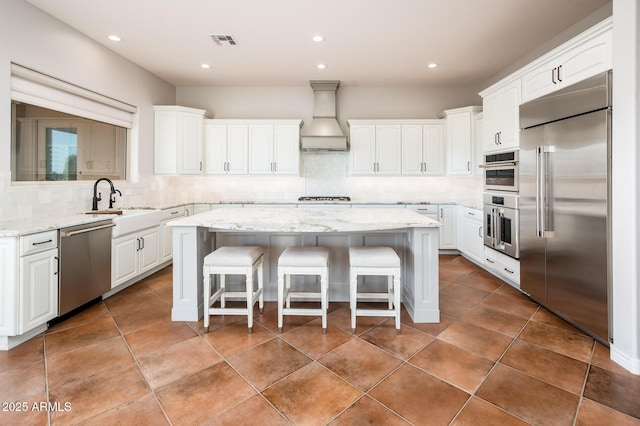 kitchen with visible vents, appliances with stainless steel finishes, a sink, premium range hood, and white cabinets