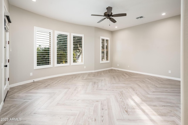 unfurnished room with visible vents, a ceiling fan, baseboards, and recessed lighting