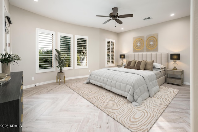 bedroom featuring visible vents, recessed lighting, and baseboards