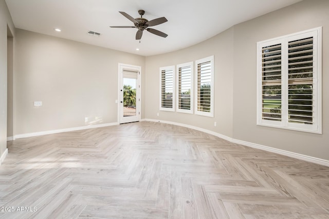 unfurnished room with baseboards, ceiling fan, recessed lighting, and visible vents