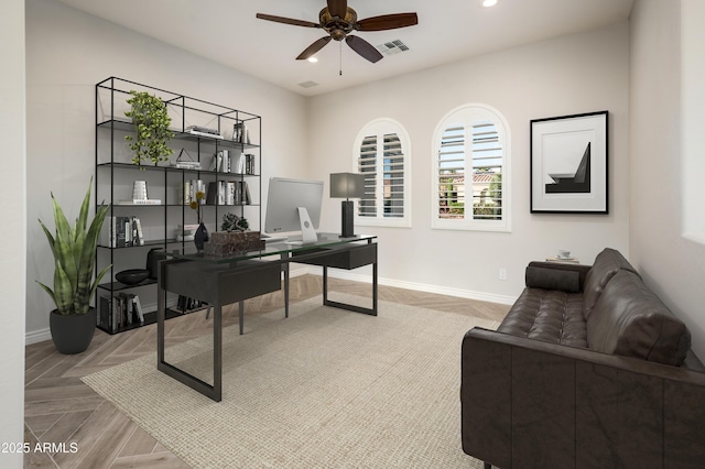 office featuring baseboards, a ceiling fan, recessed lighting, and visible vents