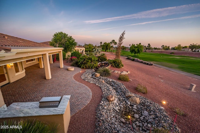 view of yard featuring a patio area and golf course view