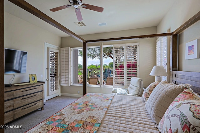 bedroom with access to exterior, baseboards, carpet flooring, and visible vents